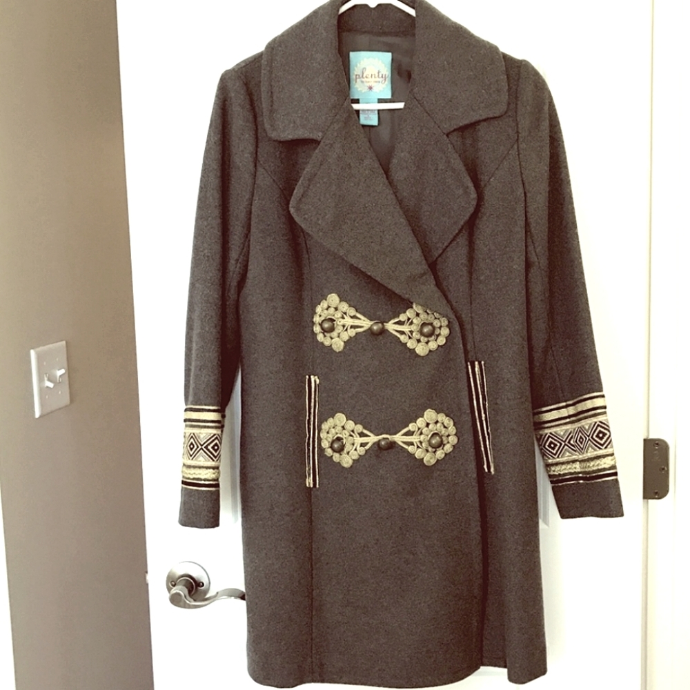 Tracy Reese Military Wool Peacoat Top Coat Anthropologie Embroidered